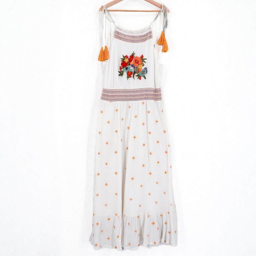 Farm Rio Maxi Dress L Floral Bohemian Embroidered L Smocked India 100% Cotton